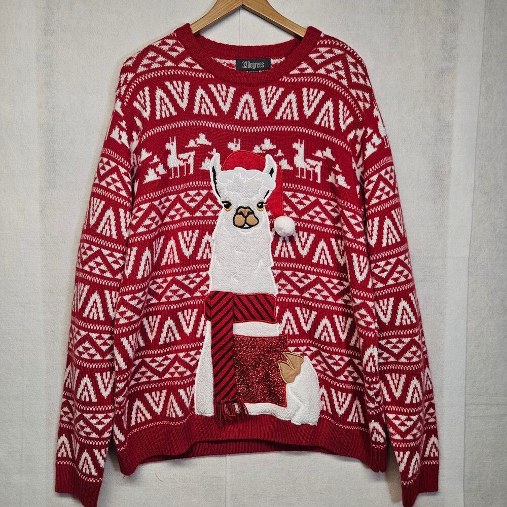 33 Degrees Ugly Christmas Sweater Mens 2XL Llama Red Knit Pocket Santa Hat